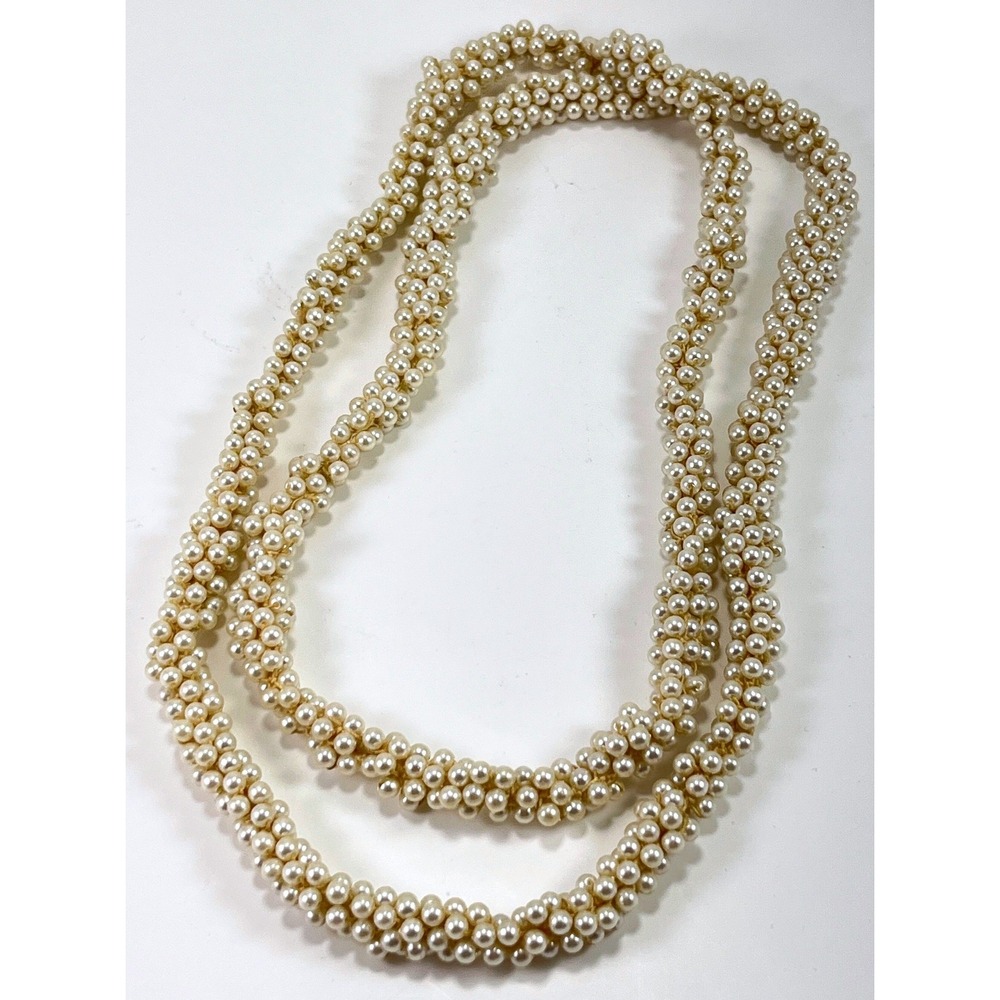 Vintage Crocheted Faux Pearl Rope Necklace Cream Light Stretch Long 42" Opera